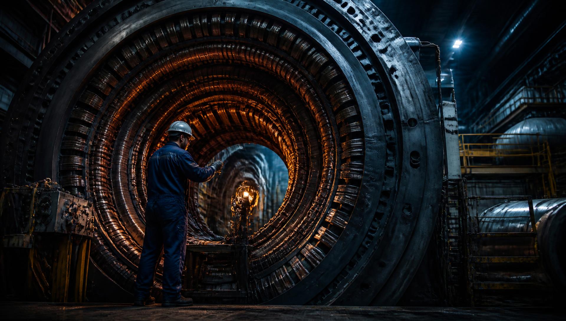 Technician inspecting a turbine generator stator inside a power plant